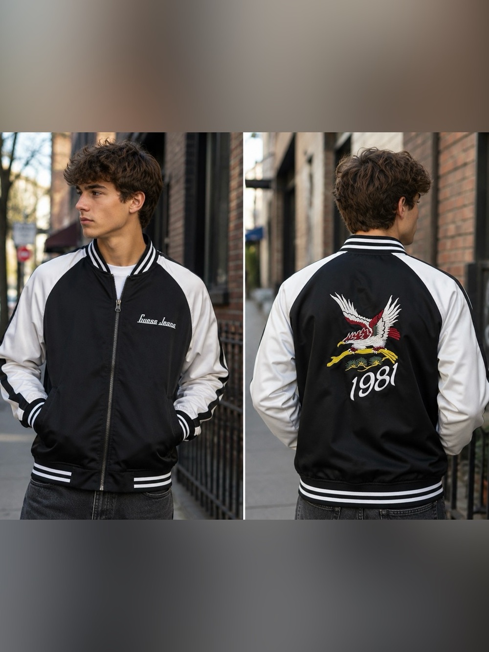 GUESS Jeans Mens XL Varsity Bomber Jacket Black White Eagle 1981 Embroidered